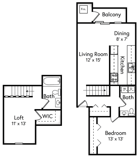 Floor plan for 1 bed, 1.5 baths, 947 sqft